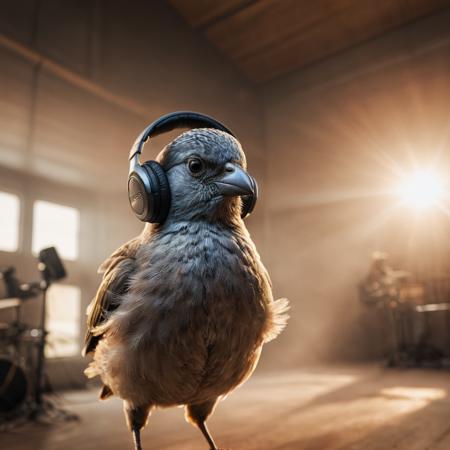 A photograph of a bird wearing headphones and speaking into a high-end microphone in a recording studio., Carlos Catasse, award - winning photography, a stock photo, art photography,action shot, nude, sunlight, wide angle,<lora:EnvyActionShotXL01:0.5> 8k, F2.8, RAW Photo, ultra detailed, real life <lora:xl_more_art-full_v1:0.8>