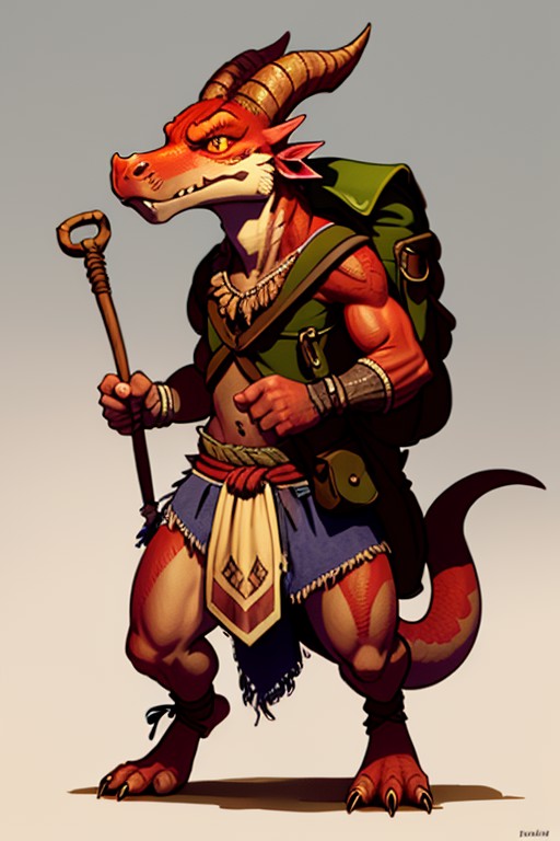 <lora:KoboldTest2:.65> kobold, red skin, yellow eyes, snout, horns, claws, tail, scales, white background, fangs, adventur...