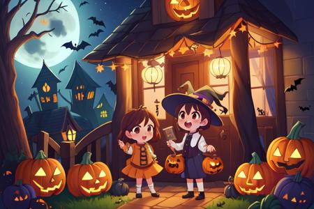 (best quality, high quality:1.3), cg, dramatic lighting, highly detailed, bokeh, 2girls, 1boy, height difference, Halloween costumes, trick or treating, midnight, haunted house, pumpkin lamps, ghosts, spirits, full moon, adventure