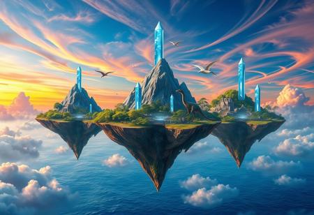 ((blue, orange, pink, sky)), clouds, swirling, 3 floating continent sized islands, the islands are floating high above the ocean, the islands are floating gracefully, the islands are spaces apart, crystals are floating around the islands, eastern dragons are flying between the islands, mountains are visible on floating islands, massive forests on floating islands, jungle trees, vines, beautiful plants, ruins are visible on floating islands, tall obelisks are visible on each floating island, large crystals above each obelisks, blue crystals, floating crystals, crystals floating in sky, trees on floating, exposed earth underneath floating island, dinosaurs are visible on the floating islands, jungle ruins are partially visible on the floating islands, ancient, overgrown, landscapes, intricate details, background colourful, cloud streams, dynamic, vibrant colours, high quality, detailed, realistic, beautiful,