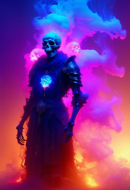 Neo-Gnostic surreal figure, spectral smoke rising with glowing skulls, radiant hues of blue, violet, blood-red, solemn double exposure, bone armor, relic pendant, visionary cinematic style, painterly texture, mythic sacred unfolding, chiaroscuro light.
<lora:FLUX-daubrez-DB4RZ-v2:0.55> <lora:Sinfully_Stylish_.02_for_FLUX:0.35> <lora:dystopia:0.6>