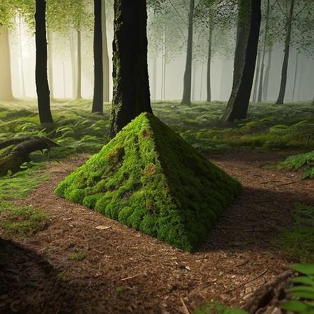 A hyper-realistic painting featuring a three-dimensional blue triangle with human eyes and a mouth, clearly expressing an emotion such as sadness or joy. The triangle should have realistic textures and lighting, making it appear as part of the physical world. It is set in a lush, vibrant forest at dawn, with sunlight filtering through dense foliage, illuminating the moss-covered ground and small wildflowers. Birds and woodland creatures add life to the serene setting. The triangle should blend seamlessly into the environment despite its surreal form, creating a striking contrast between the natural beauty of the forest and the lifelike, anthropomorphic triangle