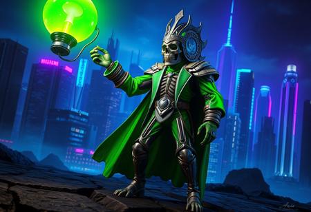 expert Intricate A Fossil Warrior Skull King, in a green and silver suit, stands on a dark cityscape surface. He holds a vibrant green glowing lantern in his right hand, casting a powerful light. Behind him, a futuristic metropolis glows with deep blue and purple neon, creating dramatic contrast against the night sky. Dynamic isometric pose, low angle cinematic shot with sharp focus, strong side rim lighting, golden ratio composition. Matte painting, Splash Ink Illustration, Octane Render, Unreal Engine 5, Raphael Style, Houdini Style, CGSociety, trending on Artstation. Hyperdetailed, stunning quality, vibrant colors, visionary art by Eric Zener and Elson.