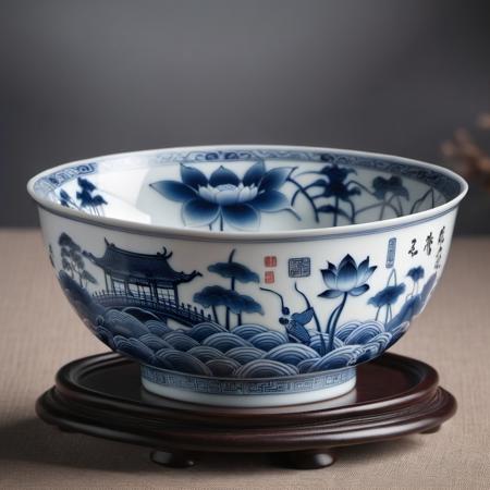 blue and white porcelain,bridge,(blooming lotus:1.1),(small bowl:1.3),<lora:20231026-1698317787466-0012:0.85>,