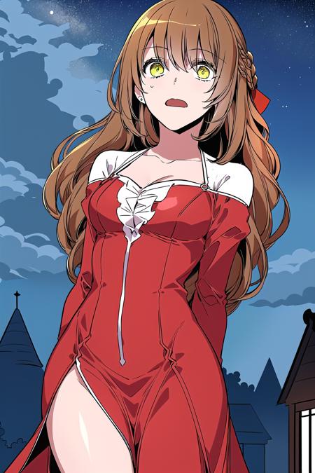 (small breasts:1.20), <lora:Raeliana_v2b:1.0> raeliana, brown hair, 1girl, solo, long hair, wavy hair, red dress, standing, slender, pale skin, parted lips, embarrassed, portrait, sky, castle, masterpiece, open mouth