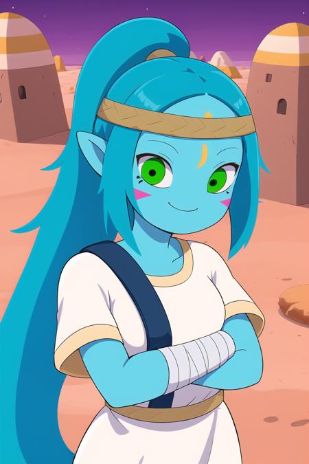 <lora:Canyon_Adventure_Time-06:0.8>, 1girl, solo, long hair, smile, upper body, green eyes, blue hair, pointy ears, colored skin, sandals, facial mark, bandages, forehead mark, desert, ponytail, very long hair, short sleeves, white dress, short dress, blue skin,