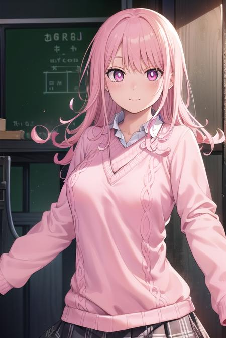 monakawai, <lora:mona kawai manga-lora-nochekaiser:1>,
mona kawai, long hair, pink hair, (pink eyes:1.5), (bright pupils:1.5), smile,
BREAK skirt, plaid, plaid skirt, sweater, long sleeves, shirt, (white shirt:1.5), collared shirt, (pink sweater:1.5),
BREAK indoors, classroom,
BREAK looking at viewer, (cowboy shot:1.5),
BREAK <lyco:GoodHands-beta2:1>, (masterpiece:1.2), best quality, high resolution, unity 8k wallpaper, (illustration:0.8), (beautiful detailed eyes:1.6), extremely detailed face, perfect lighting, extremely detailed CG, (perfect hands, perfect anatomy),