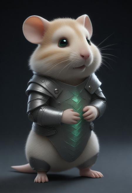 animal, armored hamster, intricate scales, novuschroma54 style armor plating, glowing gemstone embedded in bracer, slit pupils, futuristic design, green energy accents, reinforced metallic structure, detailed textures, high-tech aesthetic, cinematic lighting, dynamic pose, fantasy cybernetic fusion