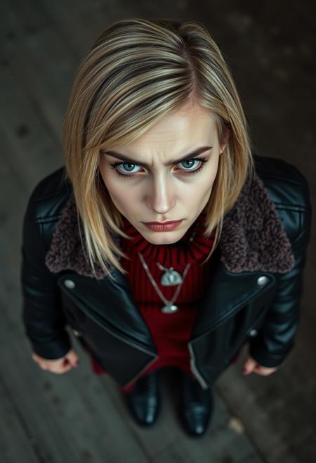 a beautiful blonde woman, 
horrified, upset, frown, eyes wide, tears, angry,
bob haircut, gray eyes, brown eyebrows, split cut eyebrow,  black leather jacket with fleece lining, red sweater, silver necklace, black red plaid mini skirt, black stockings, black combat boots, dramatic angle, view from above, looking at viewer,