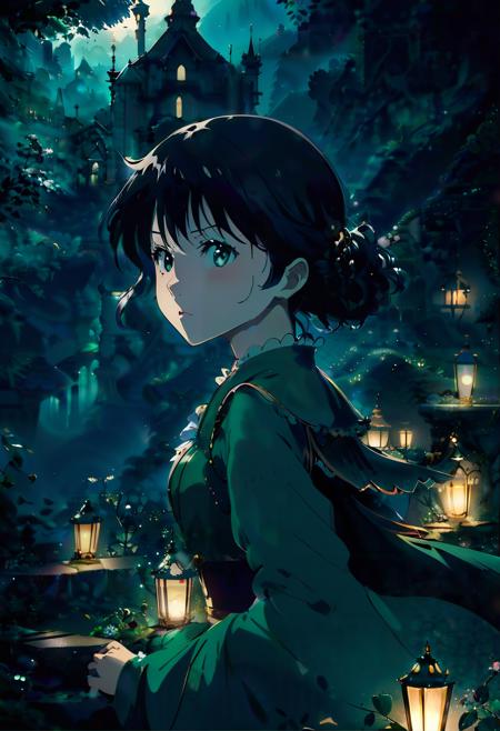 fairy tale anime key visual, shoulder-level shot of a masterpiece,1girl, plain background, Foggy, Bokeh, Frightening, Analytical Art, F/14, Pearlescent and dark green details . magical, fantastical, enchanting, storybook style, highly detailed