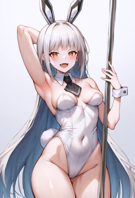 blanc, very long hair, medium breasts, white hair, pale skin, skin fang, open mouth, rabbit ears, rabbit tail, white leotard, detached collar, short necktie, black necktie, fishnets, white pantyhose, 