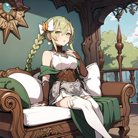 Ikelos white thighhighs, gloves, bare shoulders, sleeveless, elbow gloves, fingerless gloves, bridal gauntlets, brown gloves, armor, pleated skirt long hair, hair ornament, green eyes, sidelocks, jewelry, earrings, green hair, hair bow, hair between eyes, braid, up, twin braids, white bow 