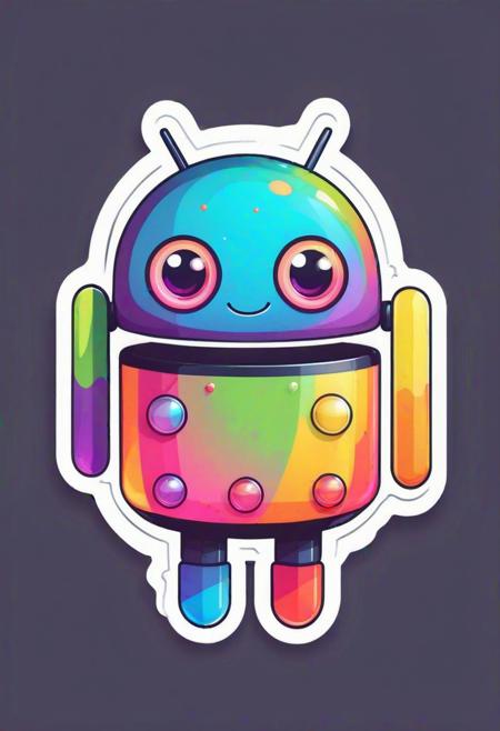 Vector art sticker design, (Cute kawaii android character:1.3), Vibrant rainbow motif, Flat color palette, Eye-catching simplicity, Soft edges, Playful expressions, Whimsical accessories, (Infinite charm:1.2).