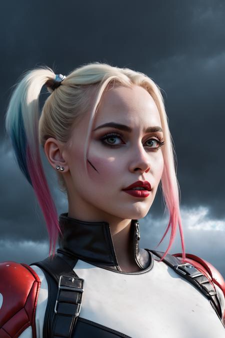 Harley Quinn, realistic, horror art, Vivid Colors, 8K, Ray Tracing Ambient Occlusion, Futurism, superb, professional, modern futuristic style, horror element, dark cloudy sky background, deep shadow, half body photo, face detail, long hair
