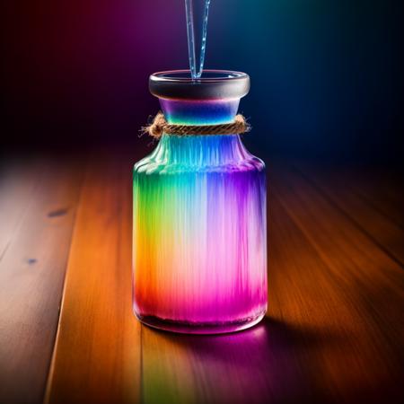 photographic of a crystal potion containing a rainbow multicolored vibrant mystical liquid on a wooden table, volumetric