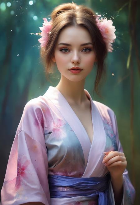 (by Artist Dorina Costras:1.3) Beautiful sexy 21 years old woman, vertiginous cleavage, Yukata: Yukata is a casual, lightweight kimono typically worn during summer festivals or at hot springs. It is made of cotton and is more relaxed in design compared to formal kimonos., bokeh. romantic background, god rays. BREAK flying sparkles.