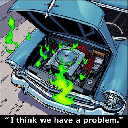 full-color manga illustration, from above, a close up of a classic car with the hood open and the engine block on fire, green flames, caption with text: 'I think we have a problem."