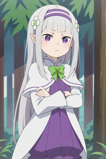 purple eyes hairband hair flower long hair grey hair white capelet purple dress white footwear pointy ears green bow blunt bangs long sleeves