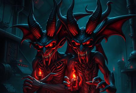 Create a high-definition, photorealistic artwork of a couple of Chaos King Archfiends in a dark, industrial setting inspired by the 'Dark Factory of Mass Production'. The characters should be depicted as djinn men with male demon features, incorporating elements of anthropomorphic evil bunnies with bat noses. Incorporate four faces in one creature and muscular magician men in the scene. The artwork should blend cartoon proportions with realistic, lifelike details and micro-details. The color palette should feature dark blue and red hues, with a focus on cinematic lighting and adherence to the golden ratio. The style should be reminiscent of Mac Conner, Klimt, artgerm, Greg Rutkowski, and Alphonse Mucha. Output should be in 8K resolution with a cinematic aspect ratio.