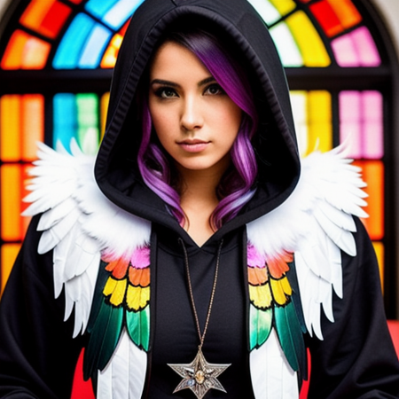 black detailed hoodi sitting sideways on a classical couch,masterpiece, DSLR photo,nekohoodi, real photo, dynamic angle, wings, breasts,solo, angel wings, rainbow hair, long hair, rainbow eyes, angel, looking at viewer, feathered wings, medium breasts, stained glass, white wings, cowboy shot, standing, collarbone,