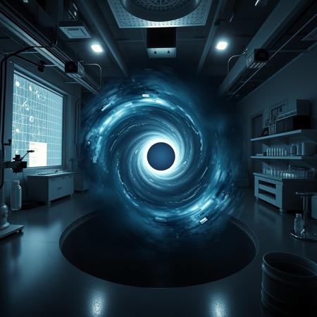 A more photorealistic black hole being studied in a laboratory,  distorting reality and puling the objects arround it