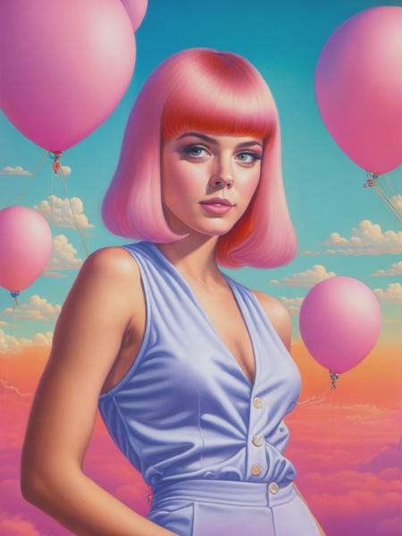 <lyco:AlexGross:1.0> alex gross painting of a pink straight haired woman wearing a retro 70s romper, square jaw, three quarter angle