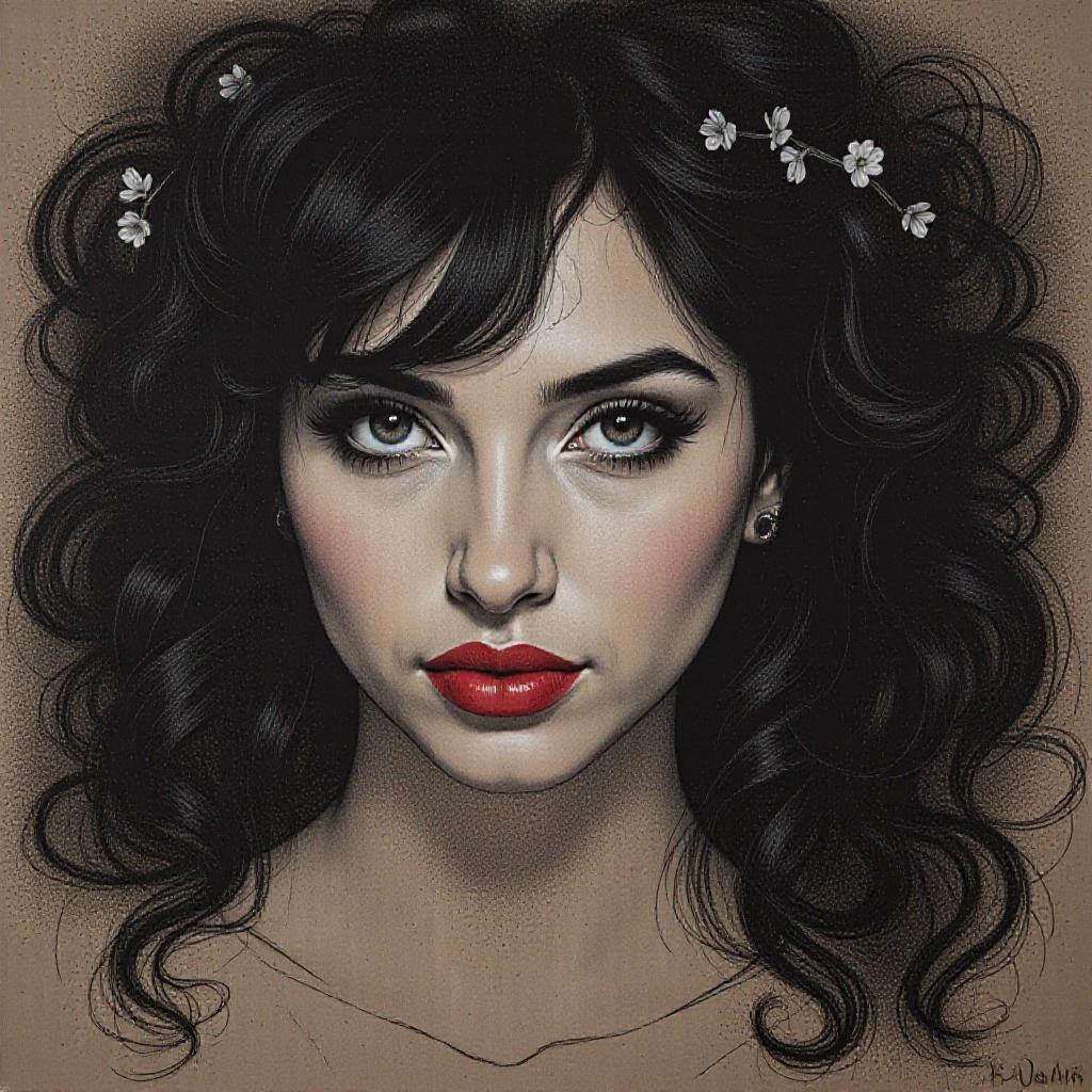 Charcoal drawing, crayons, close-up, portrait, mj, HDR, Art of Frank Frazetta, Jeffrey Catherine Jones, Michael Kalut, Michael Haig, Karn Griffiths, Ideal painting, realistic, Red lipstick, girl, beautiful, black hair, small flowers in hair, Dramatic light, high detail, Perfect face, perfect body, dynamic lighting, detailed background, Bastien Lecouf-Degarme, Carn Griffiths, E. Abramzon, Raphael, Caravaggio <lora:charcoal3000:1.0> <lora:Flux-Sch-SingleBlocks-BF16:1.0><lora:787239072956560073:0>