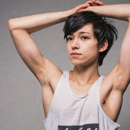 androgynous, arms_behind_head, armpits, presenting_armpits, armpit_stubble, tomboy, tank_top