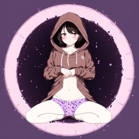 <lora:phenakistiscope:1>, phenakistiscope, circular picture, center of the picture, plate, circular object, pattern,  1girl, bangs, between legs, black hoodie, black legwear, blush, brown eyes, brown hair, drawstring, embarrassed, halftone, halftone background, hand between legs, highres, hood, hood down, hood up, hoodie, hoodie lift, horned hood, lifted by self, long hair, long sleeves, looking at viewer, multiple views, no pants, outline, paint splatter, panties, panties under pantyhose, pantyhose, purple background, shoes, sitting, sleeves past wrists, sneakers, spoken blush, thighband pantyhose, underwear, w, white outline