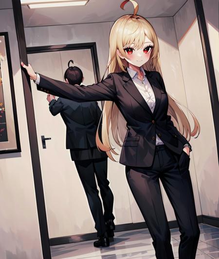 <lora:agingdiffusion_based_isedol-000008:0.8>, (1girl, solo, masterpiece, best quality, extremely detail, absurdres), indoors, light smile, blush, shirt, collared shirt, standing, suit, formal_trousers, (jingburger, blonde hair, red eyes, long hair, ahoge)