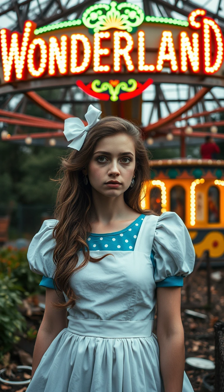 photo of Alice in Wonderland, an 18 year old woman in a defunct and derelict amusement park, a neon sign that reads "WONDERLAND"