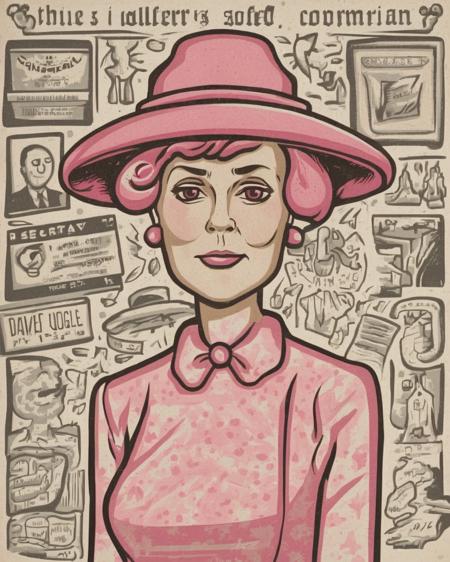 a woman with a pink hat and a pink dress , Secretary General,  Dave_Quiggle_Style<lora:Dave_Quiggle_Style_sdxl:1.0>