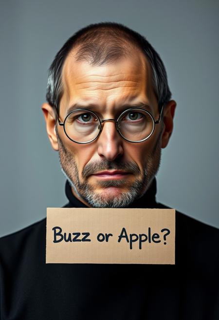 A highly detailed mugshot of a man resembling Steve Jobs, shown from the shoulders up. The man has a sad, contemplative expression with slightly downturned eyes and a subtle frown. The lighting is well-done, illuminating his face clearly without harsh shadows. The background is plain, and he is holding a piece of cardboard in front of him that reads 'Buzz or Apple?'. The image should be realistic and capture a somber mood, with attention to the texture of his skin, his iconic round glasses, and the simplicity of his black turtleneck shirt