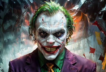 {A} Capturing the Joker in a moment of sheer insanity, his hands raised in a gesture of madness, accompanied by a spine-chilling crazy laugh that echoes through the frame. His devilish eyes gleam with a malevolent glint, exuding a sense of dark and chaotic energy.
{B} The setting is a surreal and distorted environment, reflecting the fractured psyche of the Joker. Distorted shadows and twisted shapes contribute to the overall sense of unease and tension in the scene.
{C} The background is a blurred abstraction of colors and shapes, emphasizing the central figure of the Joker and enhancing the sense of disorientation and unpredictability in the image. The lighting style is dynamic and moody, adding depth and dimension to the composition.Drawing inspiration from the works of psychological horror and avant-garde photography, the photo delves into the realms of the subconscious, unraveling the complexities of the human mind and the manifestations of inner demons.