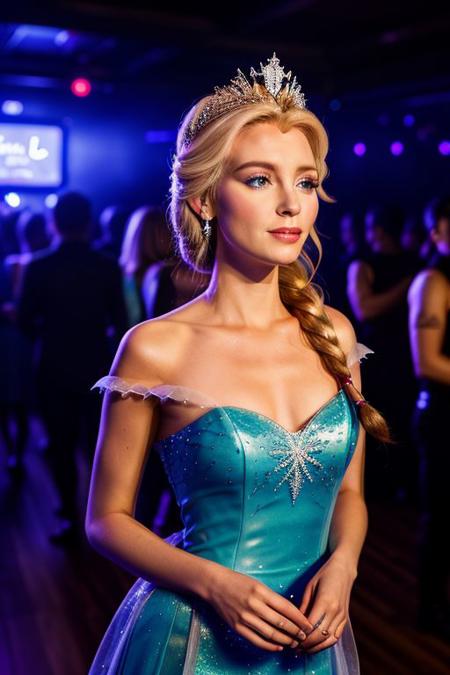 Beautiful Princess Elsa at a nightclub, 8k photo, in action, cinematic