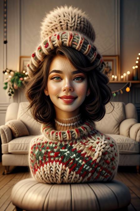 christmassweater, Masterpiece, 1female, detailed, realistic photo, face focus, close up, European, female, red lips, gentle smile, 28 years old, realistic high detailed face, natural eyes, anatomic correct bodies, lots of detail, colorful, hdr, strong, mature female, beautiful, dull_natural_skin, skin texture style, detailed skin pore, detailed skin, realistic skin, cinematic, elegant, hyperrealistic, hyperrealism,  wide angle, Christmas sweater, colorful sweater, living room, Christmas tree, Christmas decorations, Christmas, hands hidden, hands out of view, bangs, EyesWorld, wicke \(pokemon\).