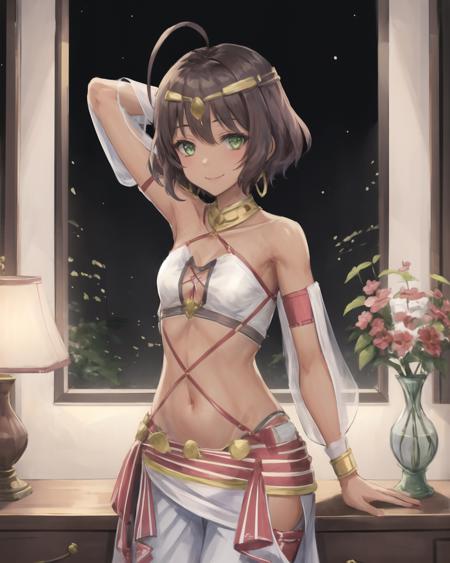 best quality, (masterpiece:1.2), illustration, absurdres,
(1girl), (solo), (beautiful detailed girl),
<lora:ShahinaDancer-06:0.8>, Shahina, green eyes, brown hair, short hair, ahoge, dark skin, flat chest, small breasts, young,
golden tiara, jewelry, arabian dancer outfit, white harem_pants, sandals,
smile, looking at viewer,
(upper body, portrait),, inside elegant bedroom, night, window, curtain, starry sky, lamp, bookcase, nightstand, vase, desk,, arms behind head