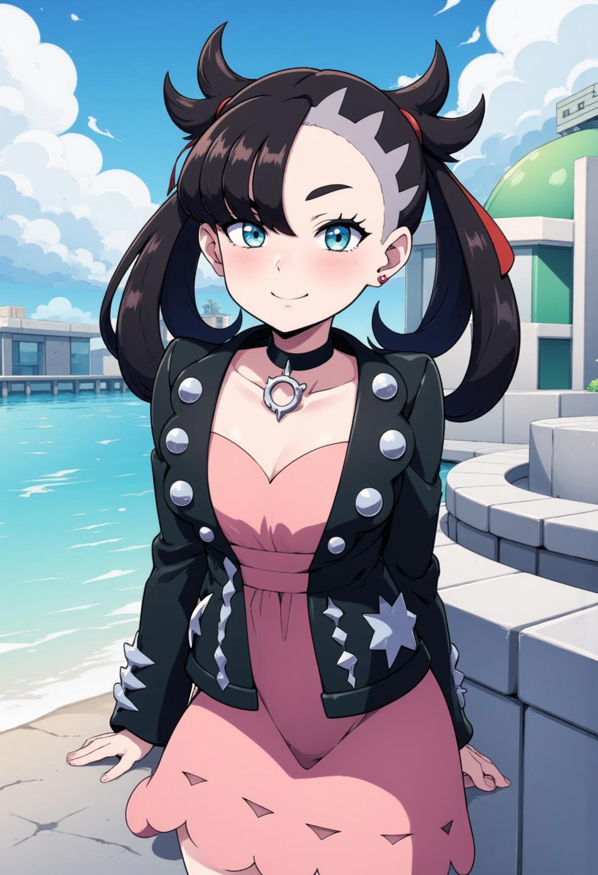 zzMarnie, aqua eyes, black choker, red ribbon, marnie (pokemon), 1girl, solo, looking at viewer, smile, bangs, blue eyes, black hair, long sleeves, dress, ribbon, twintails, closed mouth, collarbone, jacket, hair ribbon, cowboy shot, outdoors, open clothes, sky, choker, day, cloud, medium hair, water, aqua eyes, open jacket, red ribbon, blue sky, black jacket, black choker, building, pink dress, asymmetrical bangs, 
leaning forward, blush, head tilt, smile, teeth, victory pose,