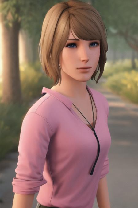 portrait of maxcaulfield ,solo, shirt, brown hair, short hair, realistic, (pink shirt:1.1), lips, blue eyes, nose, bangs, sad, crying