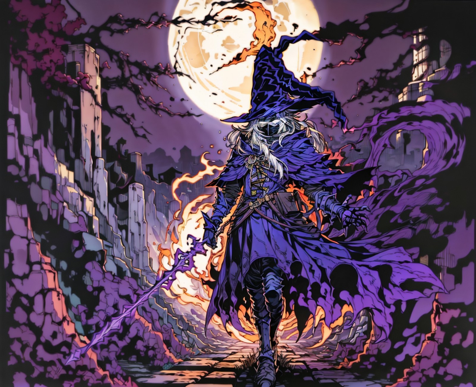 <lora:fantasyV1.1:1>, wizard, night time, full moon, purple and black theme, full body