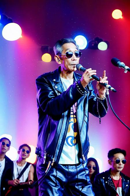 best quality, masterpiece,Concert stage,Neon light background,Studded leather jacket,leather pants,Black sunglasses,Vertical microphone,old men,<lora:masanli:0.8>