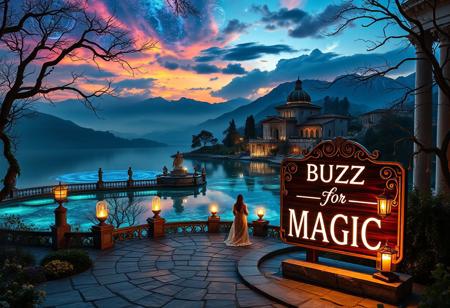 A mystical landscape at twilight, centered around a glowing crystal lake reflecting vibrant nebulae and distant galaxies. Grand marble columns and statues reminiscent of Italian architecture line the shores, adorned with glowing vines. Towering bioluminescent trees with ornate branches softly illuminate the scene, while terraced villas and cascading fountains, inspired by Tuscany, rise in the distance. Iridescent mountains blend with the luminous clouds above, creating a dreamlike horizon.
In the foreground, a figure in flowing robes reminiscent of Renaissance nobility stands on a stone piazza leading to the lake. Around them, floating orbs of light and ancient runes circle as they weave a magical spell. Nearby, an elegant wooden sign made from polished mahogany, with intricate scrollwork and gilded edges, reads ‘BUZZ for MAGIC’ in sleek Futura font, glowing faintly in neon white, perched atop a stone pedestal. Golden lanterns sway in the gentle breeze, adding warmth to the serene atmosphere. The entire scene is a fusion of otherworldly beauty and timeless Italian elegance, where nature, art, and magic blend in perfect harmony