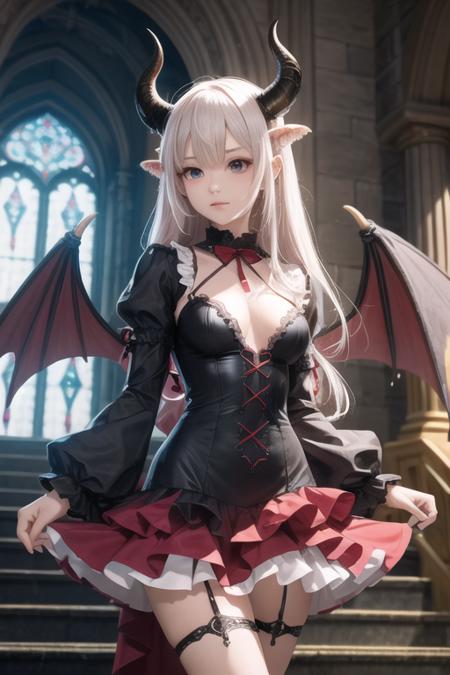 1girl,fantasy,demon horns and wings,demon girl , long layered frilled dress long sleeves long skirt,in Castle