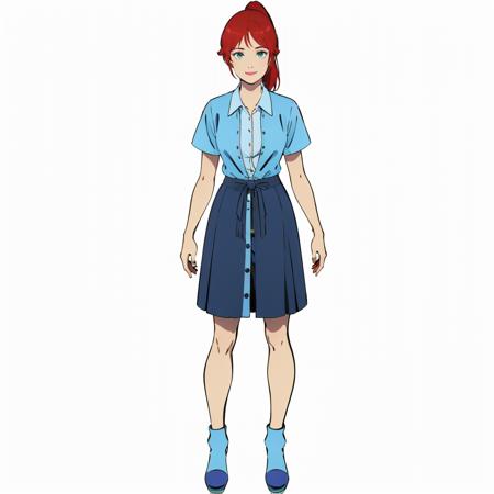 masterpiece,high quality,white background,solo,
<lora:cecilia002:0.7>,smile,
cecilia,1woman,
long hair,high ponytail,red hairbangs,makeup,green eyes,lipstick,
blue jacket,open clothes,shirt,buttons,short sleeves,blue shirt,collared shirt,
shirt tucked in,clothes around waist,blue skirt,
blue footwear,shoes,