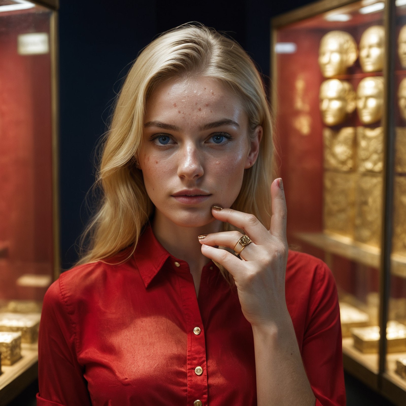 RAW photo, portrait of a beautiful blonde woman wearing a red shirt, she stands in a museum with artifacts made of old gol...