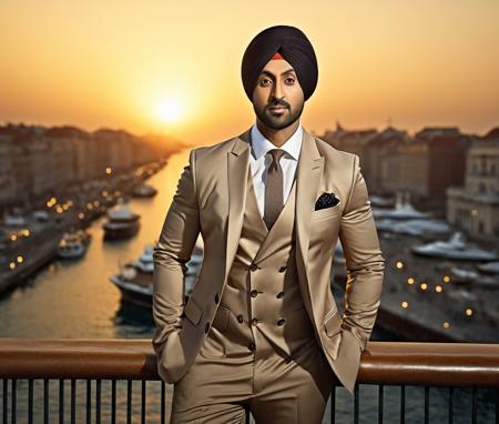 Nautical-themed (Photo:1.3) of (Ultrarealistic:1.3) <lora:Man_Men_FFashion:1> Ranbir Kapoor a man <lora:Diljit:0.9> in a tan suit standing on a balcony, sun behind him, inspired by Pablo Munoz Gomez, shot at golden hour, editorial photograph, midshot of a hunky, by Roman Bezpalkiv, by Artur Tarnowski, maxim sukharev, by Gabor Szikszai,Highly Detailed,(Mono Color:1.3) . Sea, ocean, ships, maritime, beach, marine life, highly detailed