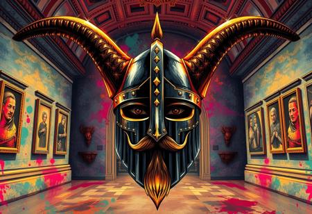 A breathtaking splash ink illustration in a fantasy style depicting a majestic medieval knight's helmet. Centrally positioned, the helmet is made of dark metal, crowned by two massive, curved horns reaching towards an unseen sky. The human-like faceplate, complete with a detailed mustache and goatee, is rendered with expressive brush strokes, suggesting ancient power. Opulent gold accents adorn the metalwork, shimmering with a radiant, multi-colored glow. The background is a stylized, almost dreamlike museum space, rendered with vibrant, multi-colored splash ink textures that draw attention to the helmet. Sharp lines and energetic brush strokes define the forms. The overall mood is one of awe and ancient mystique. Exceptional Quality, High-res, 4K, More Detail, Lifelike Details, Super Detailed Face and Eyes, Handcrafted with Precision, High Quality, Sharp Lines and Brush Strokes, Stunning Colors, Harmonious Colors, Multi Colored, Contemporary Aesthetics, Beautiful Matte Painting, Impeccable Composition, Creative Angle, Attractive Background, Balanced Editing, Intentional Focus, Well-timed Moment, Isometric, Dynamic Action Pose (implied display), Captivating Lighting, Grammer Effect Style, Splash Ink Illustration, CGSociety, Artstation Trending on ArtstationHQ, Golden Ratio, Vivid Emotions, Joyful Impact, Powerful Message, Beautiful Detailed Eyes.