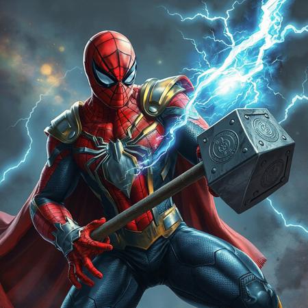 a muscle spiderman with an asgard god armor holding thor hammer with lightings and thunders flying saving people and defeating supervillians