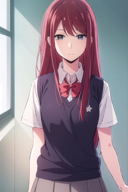 sanaeebato, <lora:sanae ebato s1-lora-nochekaiser:1>,
sanae ebato, long hair, red hair, (grey eyes:1.5),
BREAK shirt, bow, school uniform, sweater vest, skirt, black skirt,
BREAK indoors, classroom,
BREAK looking at viewer, (cowboy shot:1.5),
BREAK <lyco:GoodHands-beta2:1>, (masterpiece:1.2), best quality, high resolution, unity 8k wallpaper, (illustration:0.8), (beautiful detailed eyes:1.6), extremely detailed face, perfect lighting, extremely detailed CG, (perfect hands, perfect anatomy),