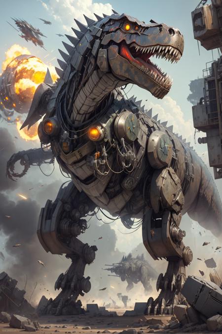 high quality, ,Mech4nim4lAI, Tyrannosaurus rex made of Mecha ,<lora:Mech4nim4lAI:0.7>,scenery,nuclear bomb,battlefield,debris,alien craft,lazers